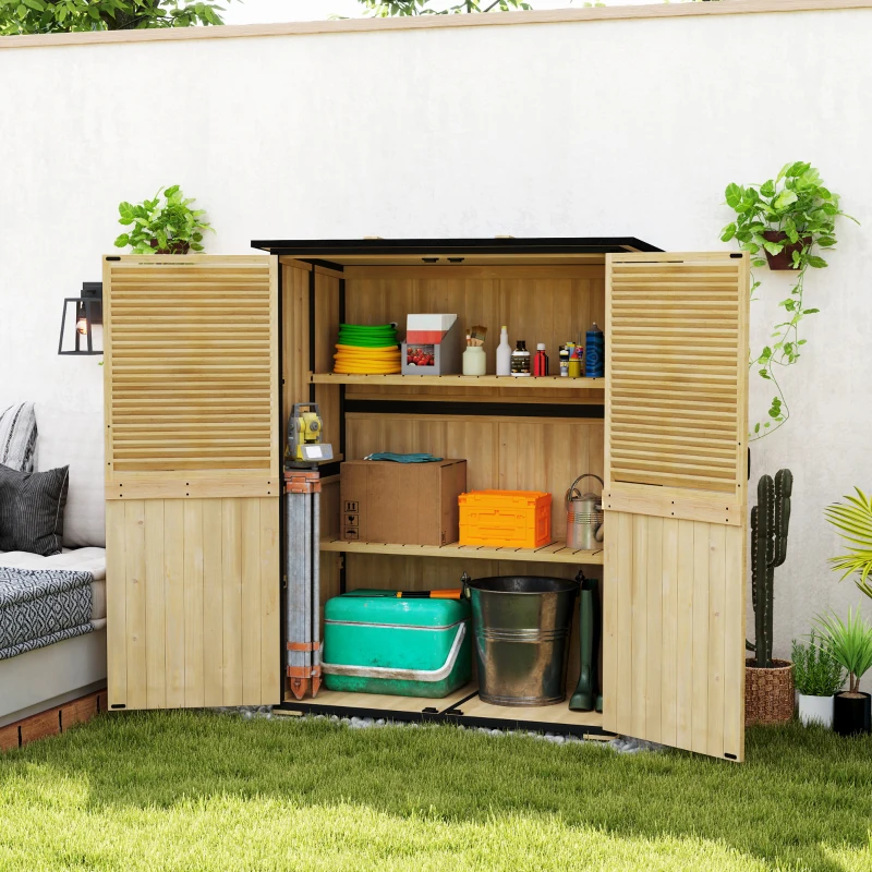 Outsunny Wood Storage Shed, Outdoor Garden Shed with Asphalt Roof, 2 Shelves, Lockable Doors and Adjustable Feet, Natural