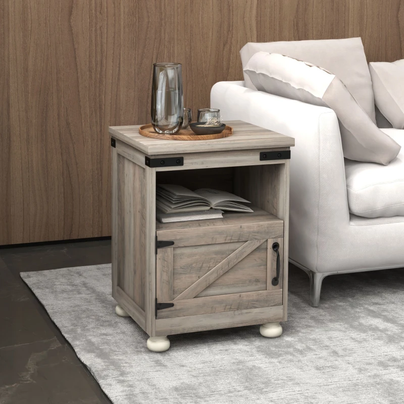 HOMCOM Side Table with Storage, End Table with Open Shelf, Cupboard and Wood Legs, Modern and Farmhouse Style, Gray