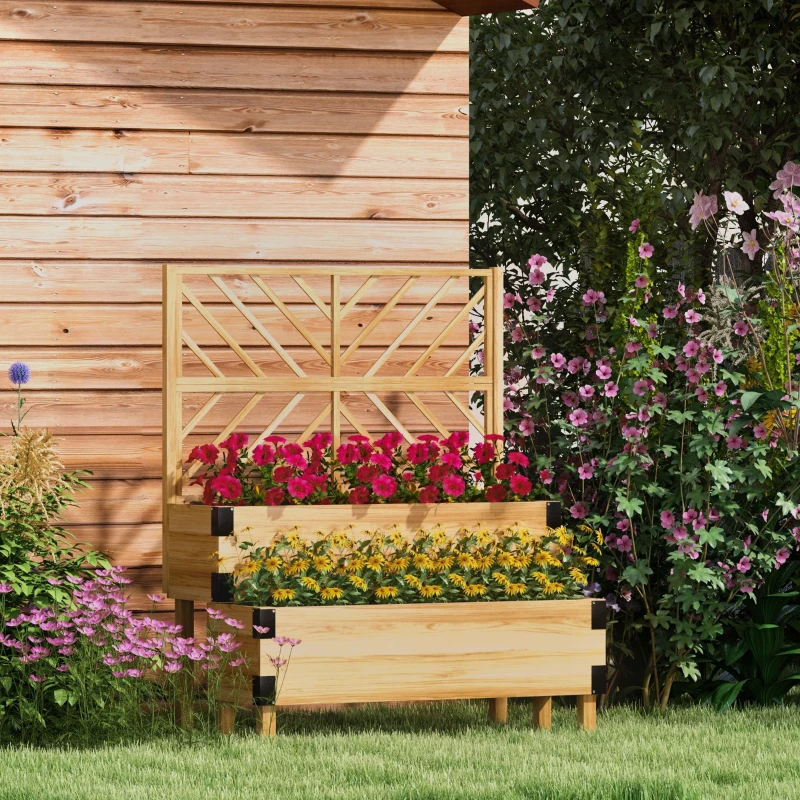 Outsunny 2 Tier Trellis Planter, Wooden Raised Garden Bed, Natural