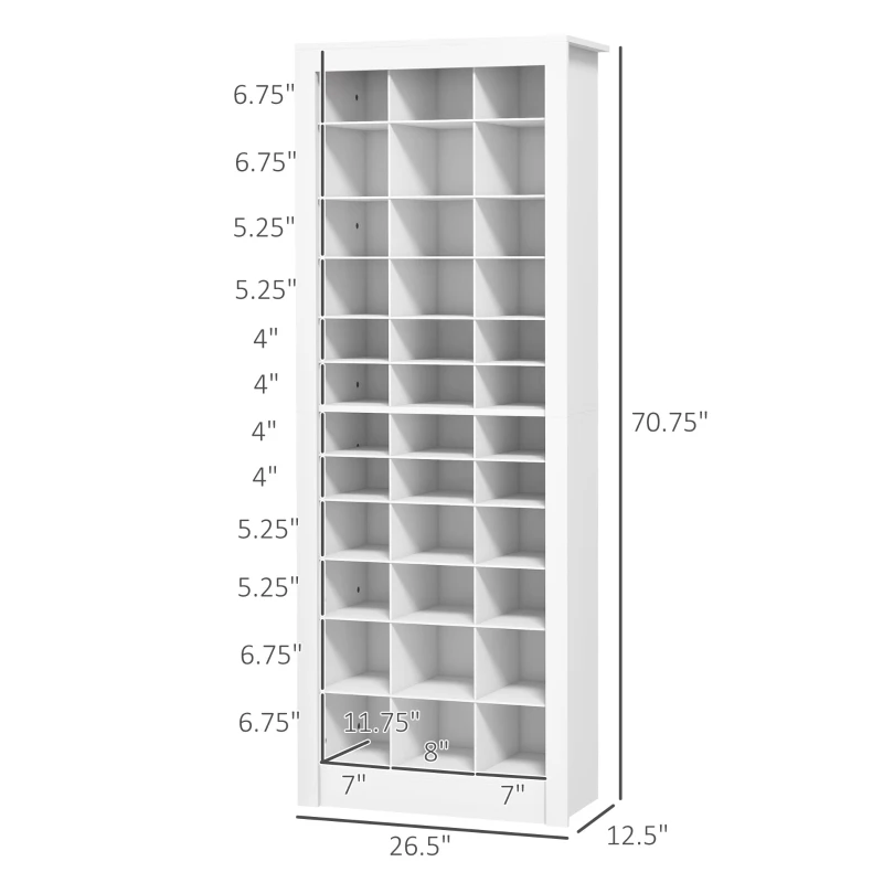 HOMCOM 71" Shoe Storage Cabinet with 3 Heights of Open Cubes for 36 Pairs, Narrow Shoe Organizer for Entryway, Hallway, White