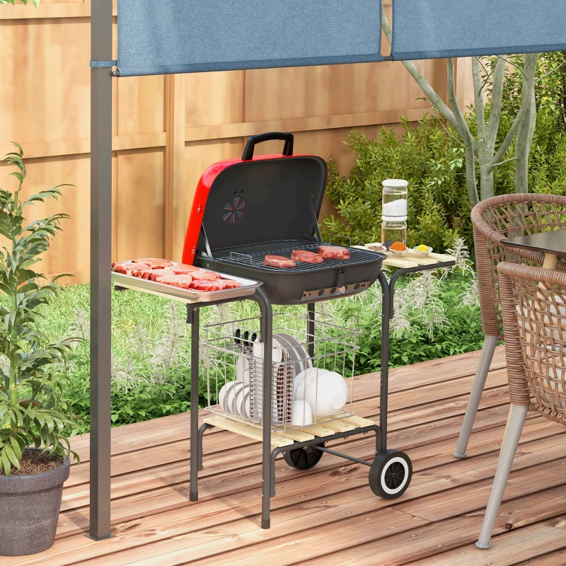 Outsunny Portable BBQ Grill Charcoal Grill with Wheels Bottom Shelf, 2 Tables and Adjustable Vents for Backyard Cooking, Red