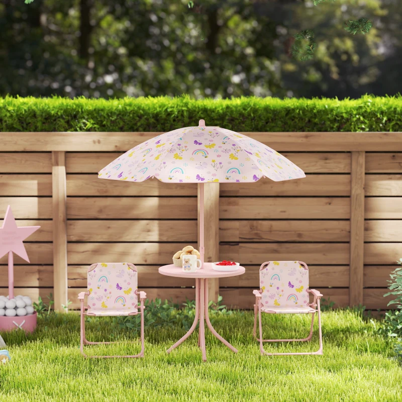 Qaba Kids Picnic Table and Chair Set, Outdoor Activity Table with Foldable Chairs, Removable Umbrella for Backyard, Pink