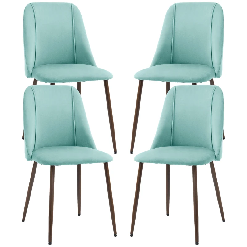 HOMCOM Upholstered Dining Chairs Set of 4, Velvet Accent Chair with Back and Wood-grain Steel Leg for Kitchen, Light Green