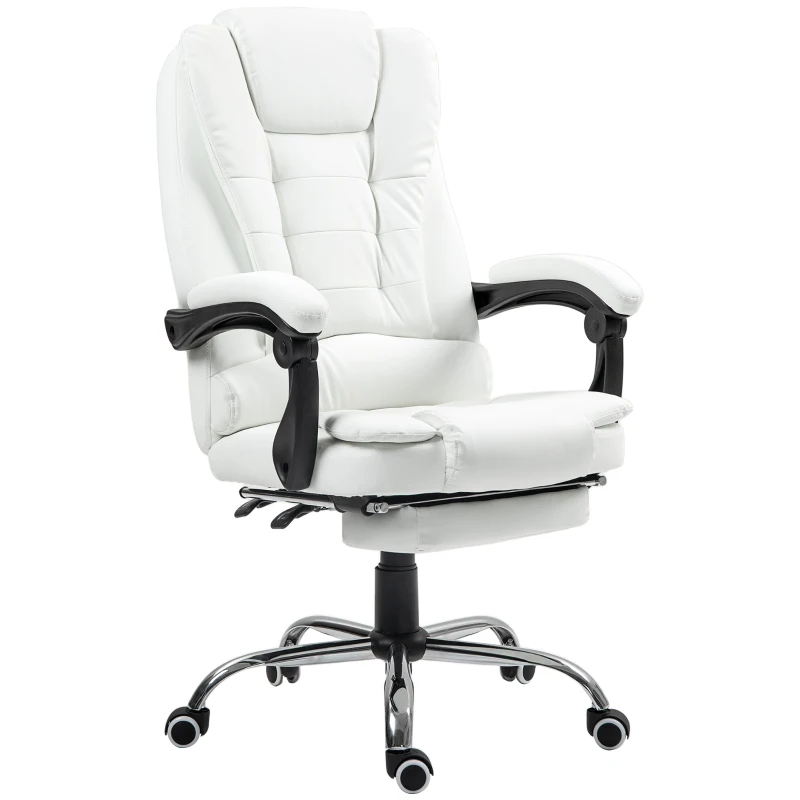 HOMCOM High Back Office Chair PU Leather Executive Office Chair with Retractable Footrest Padded Armrest White