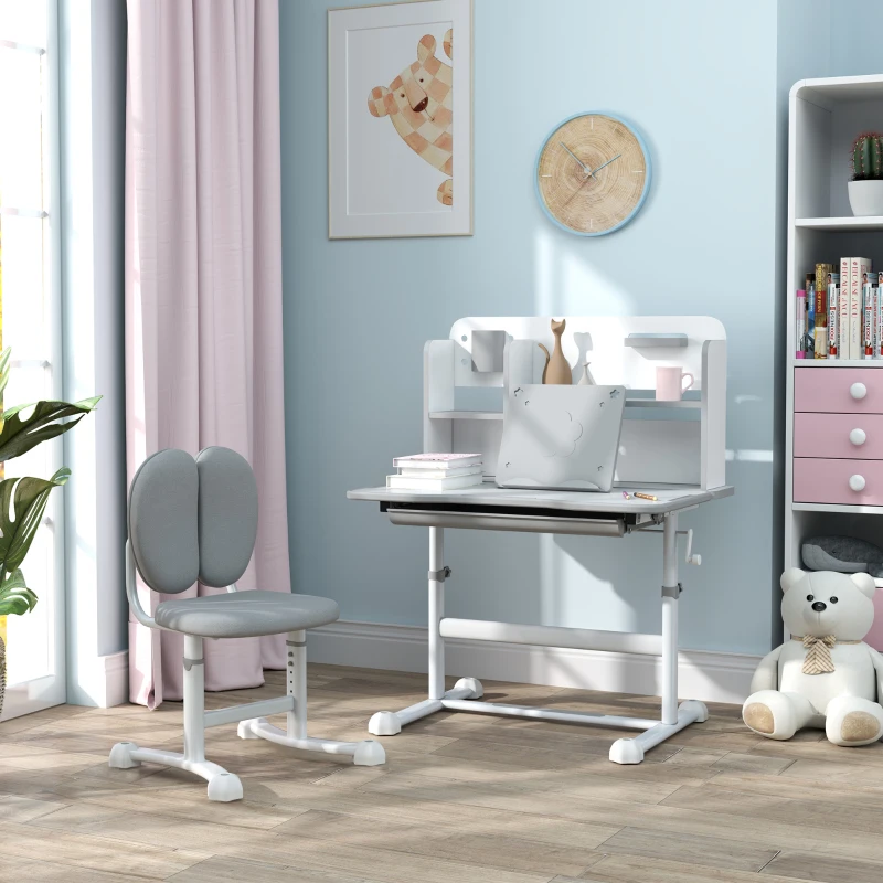 Qaba Height Adjustable Kids Desk and Chair Set for Writing Drawing w/ Tilt Desktop, Storage Drawer and Reading Rack, Gray
