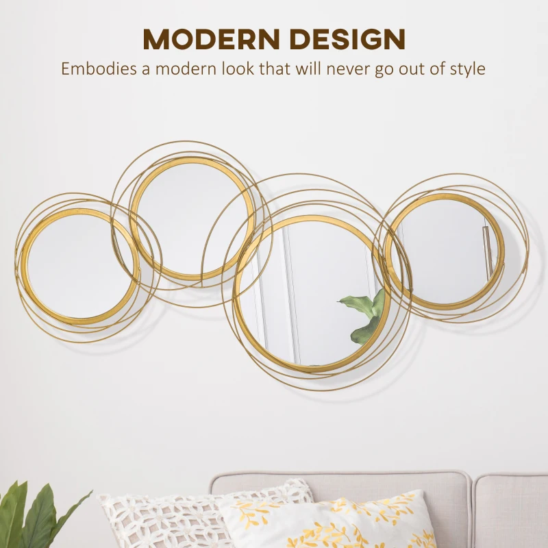 HOMCOM 42.25" Circle Mirror for Wall, Modern Metal Wall Art for Living Room, Bedroom and Dining Room, Gold