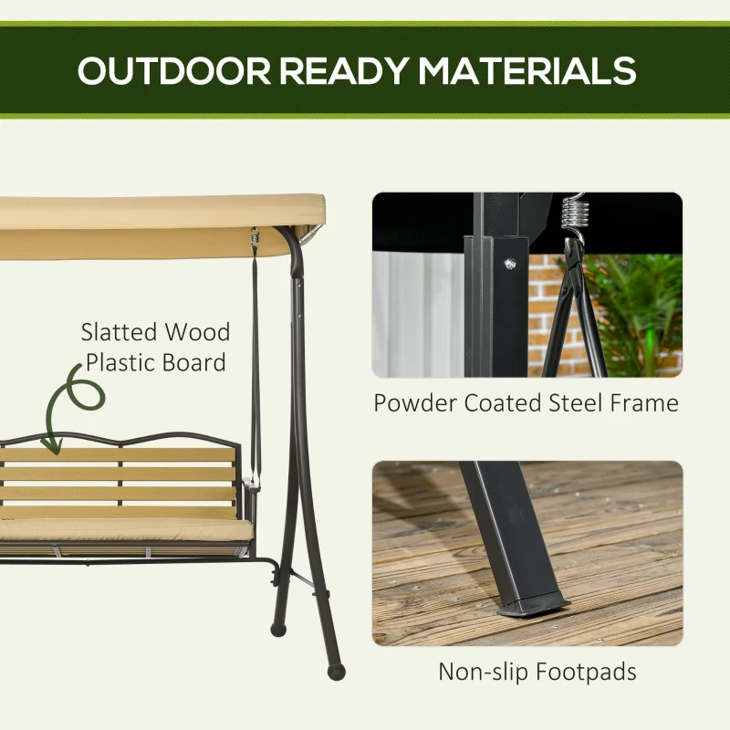 Outsunny 3-Seat Patio Swing Chair, Outdoor Canopy Swing Glider with Cushion, Adjustable Shade, and Slatted Design, for Porch