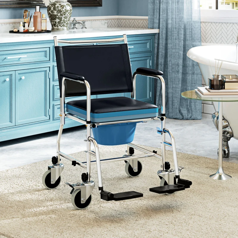 HOMCOM Rolling Shower Chair, Bedside Commode Wheelchair with Padded Seat, Backrest, for Seniors, Disabled, 300 lbs, Black