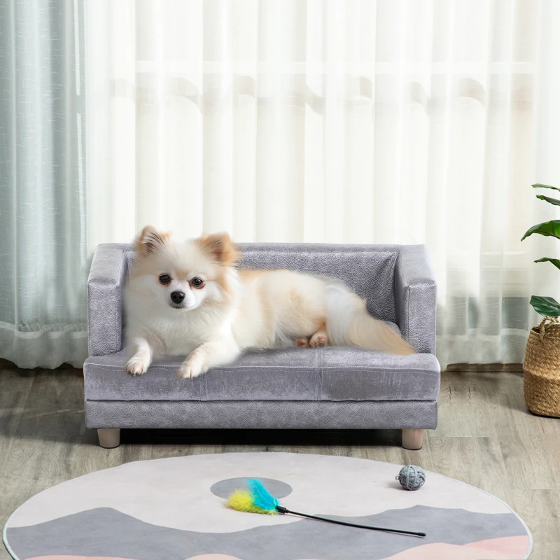 PawHut Luxury Fancy Dog Bed for Small Dogs with Thick Foam, Small Dog Couch with Soft Fuzzy & Faux Leather Combo, Dog Sofa Bed, Rectangle Modern Furniture for Puppies and Little Breeds, Gray