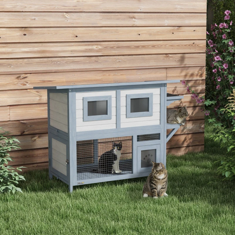 PawHut 2 Tier Outdoor Cat House Weatherproof with Escape Door, Asphalt Roof for Outside, Backyard, Light Gray
