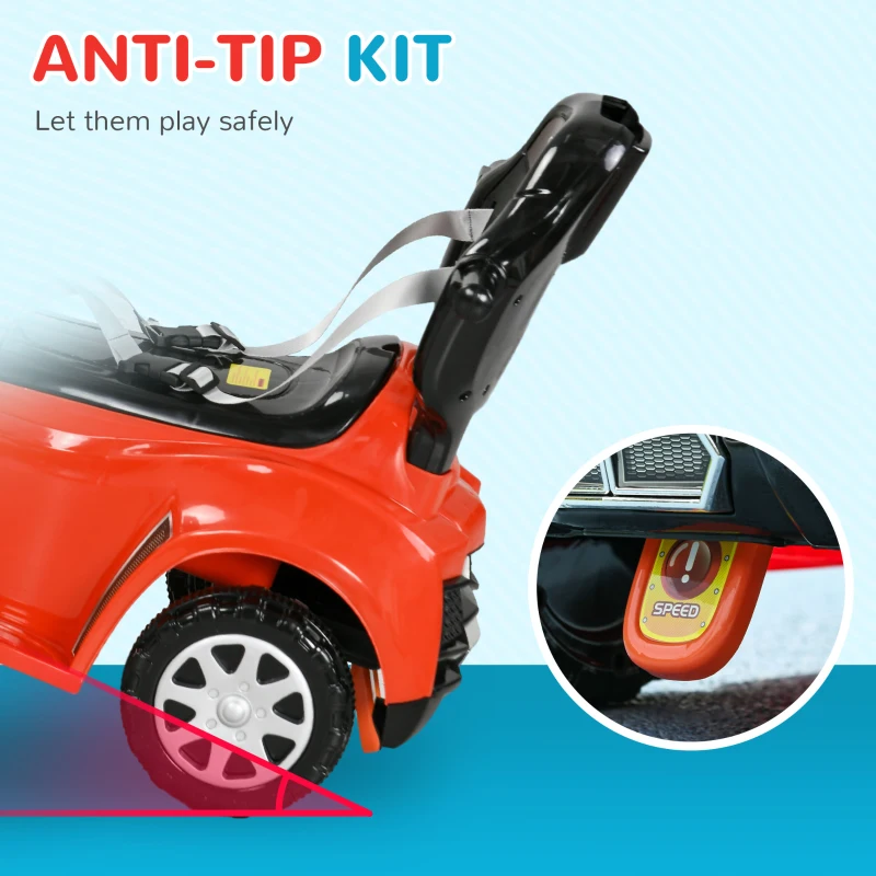 Qaba 3 in 1 Push Car Sliding Car with Removable Handle, Music, Horn, Canopy, Safety Guardrail, Red