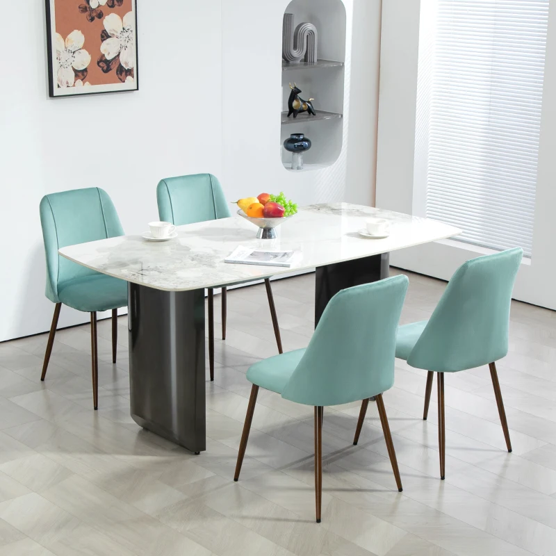 HOMCOM Upholstered Dining Chairs Set of 4, Velvet Accent Chair with Back and Wood-grain Steel Leg for Kitchen, Light Green