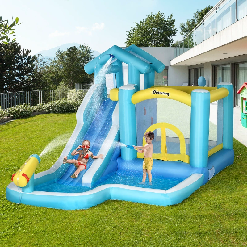 Outsunny 5-in-1 Kids Inflatable Bounce House Jumping Castle with Slide, Climbing Wall, Trampoline, & Water Pool Area, Water Cannon, Sea Balls, Air Blower