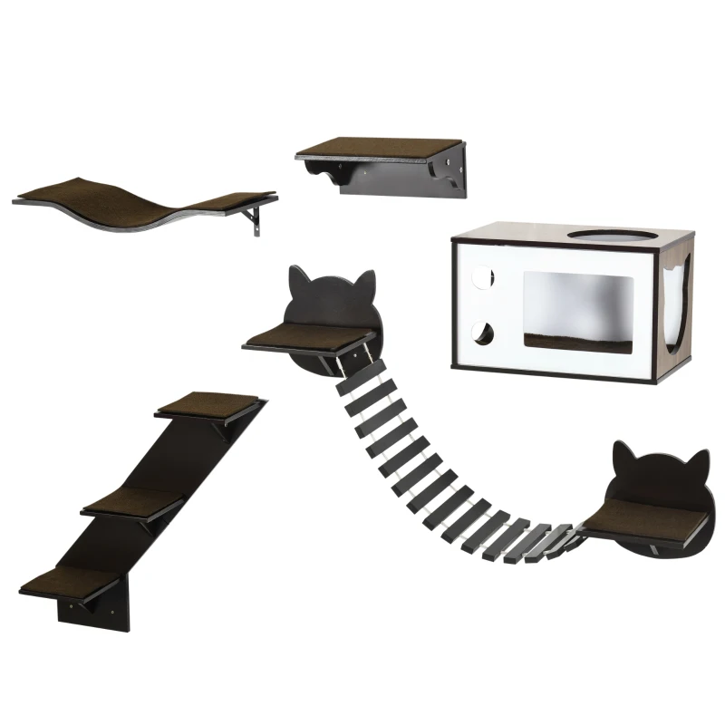 PawHut 5PCs Cat Wall Shelves Pet Wall-mounted Climbing Shelf Set with Cushion Condo Jumping Platform Ladder Brown