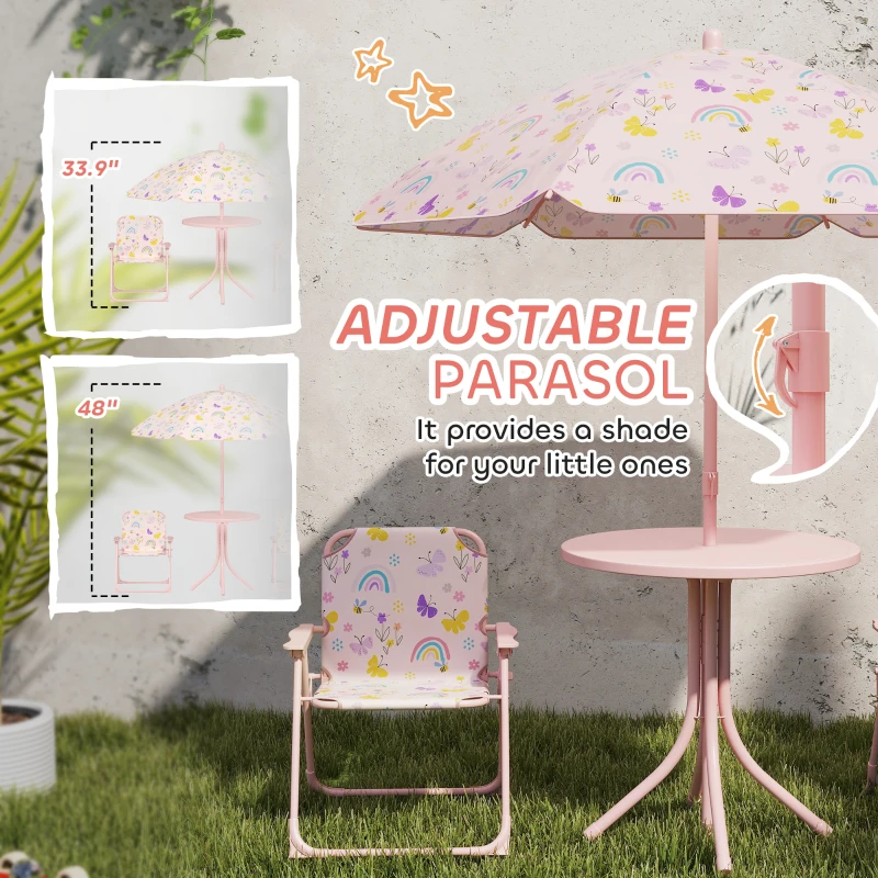 Qaba Kids Picnic Table and Chair Set, Outdoor Activity Table with Foldable Chairs, Removable Umbrella for Backyard, Pink