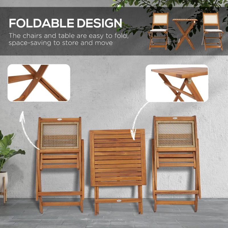 Outsunny Outdoor Bistro Set Foldable 3 Pieces Wicker Patio Furniture Set w/ Cushions, for Porch, Backyard, Garden, Light Teak