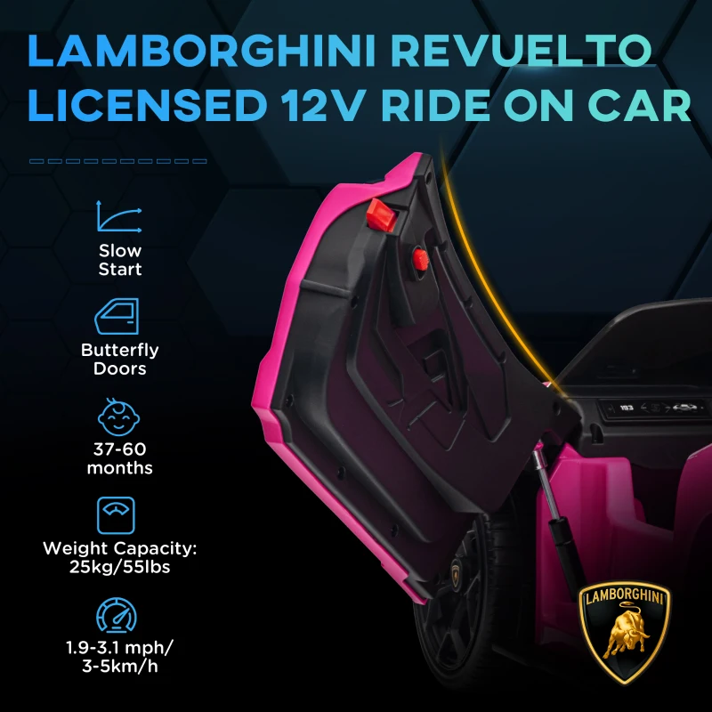 Qaba Lamborghini Revuelto Licensed 12V Kids Ride on Car Electric Car w/ Hydraulic Doors, Remote, Transport Wheels, Pink