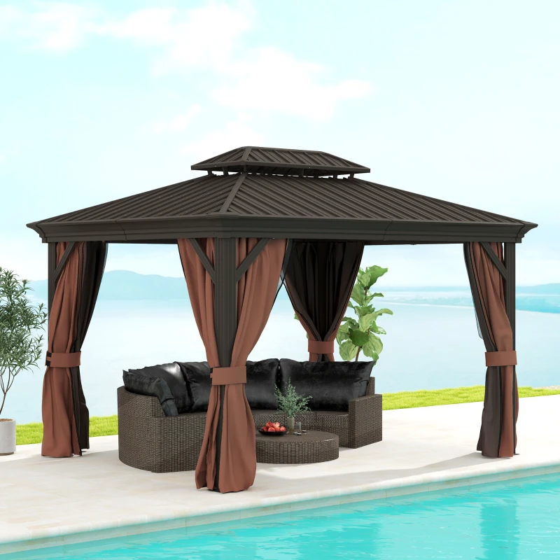Outsunny 10' x 12' Outdoor Hardtop Gazebo with Galvanized Canopy & Netting Sidewalls for Lawn, Backyard, Dark Brown