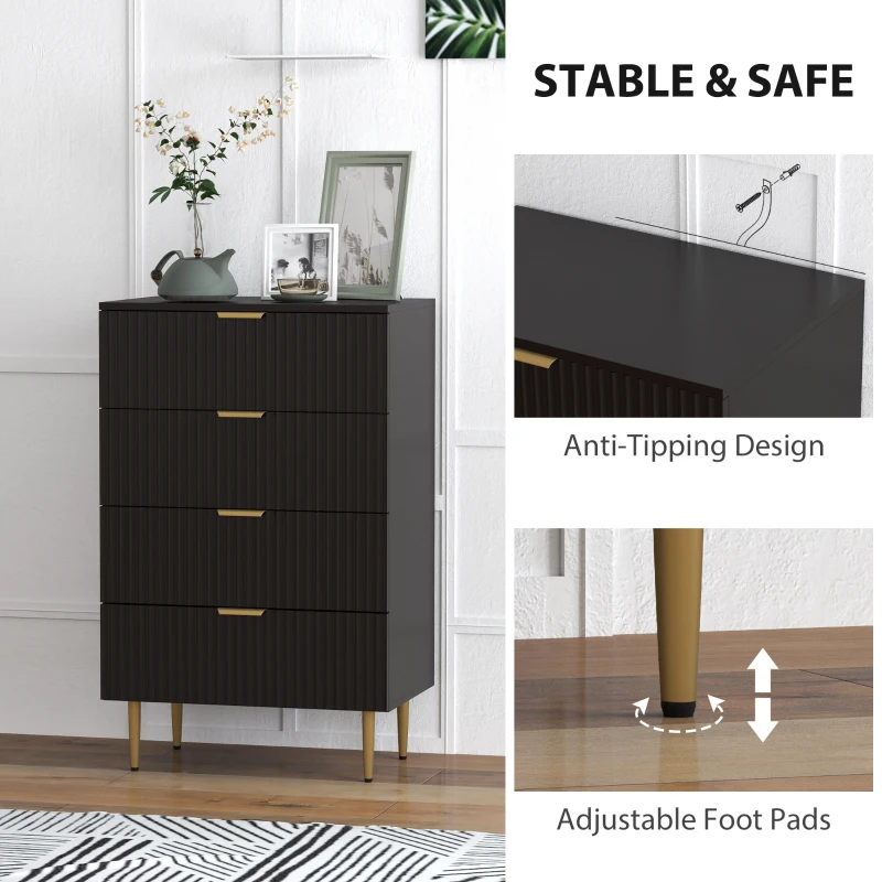 HOMCOM Modern Chest of Drawers 4 Drawer Dresser for Bedroom with Gold Legs and Handles, Black