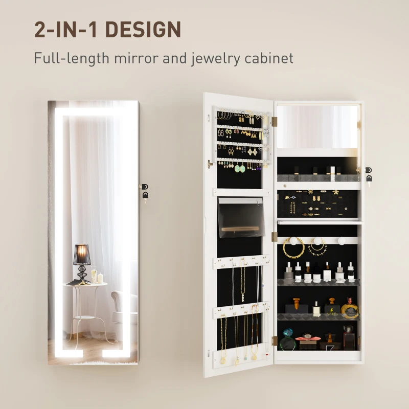 HOMCOM LED Lighted Jewellery Armoire with Mirror Jewellery Cabinet with Storage Lockable Door/Wall Mounted Jewellery Organizer, White