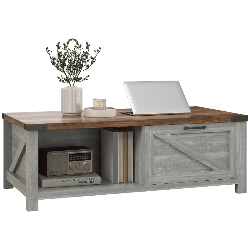 HOMCOM Coffee Table with Storage, Farmhouse Living Room Table with Storage Drawer and Open Shelf, Distressed Gray