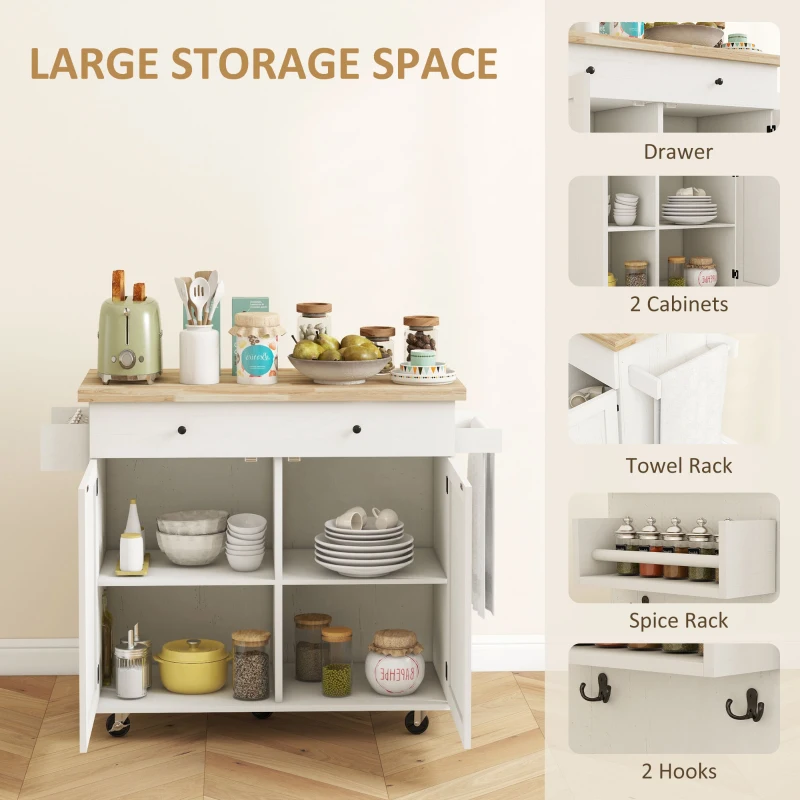 HOMCOM Farmhouse Rolling Island with Wheels for Kitchen, Wood Breakfast Bar Kitchen Island on Rollers, Drawer and Doors, White