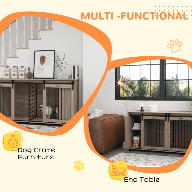 PawHut 71" Modern Dog Kennel Furniture with Removable Divider, Storage for 2 Small Dogs or 1 Large Dog, Walnut