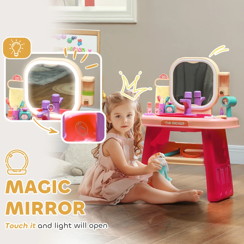 Qaba Kids Vanity Set with Mirror, LED Light, Music, 23 Accessories, Pretend Play Set for Girls 3-6 Years, Pink