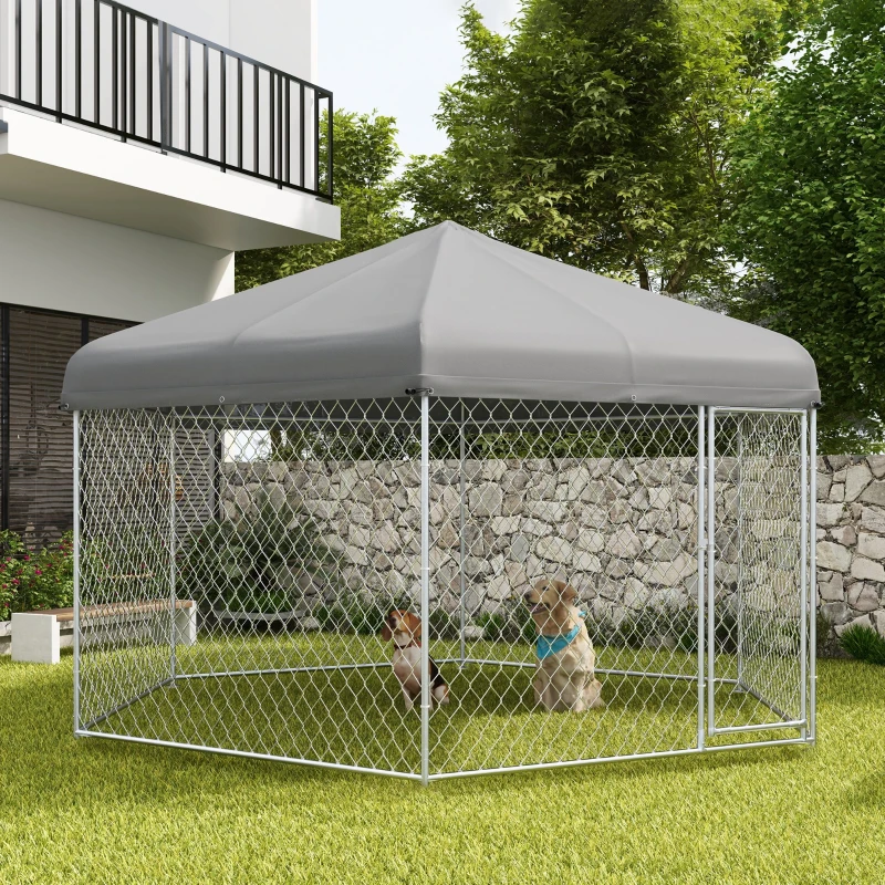 PawHut 13.4' x 11.5' x 8.8' Dog Kennel Outdoor for Medium and Large-Sized Dogs with Waterproof UV Resistant Roof, Silver
