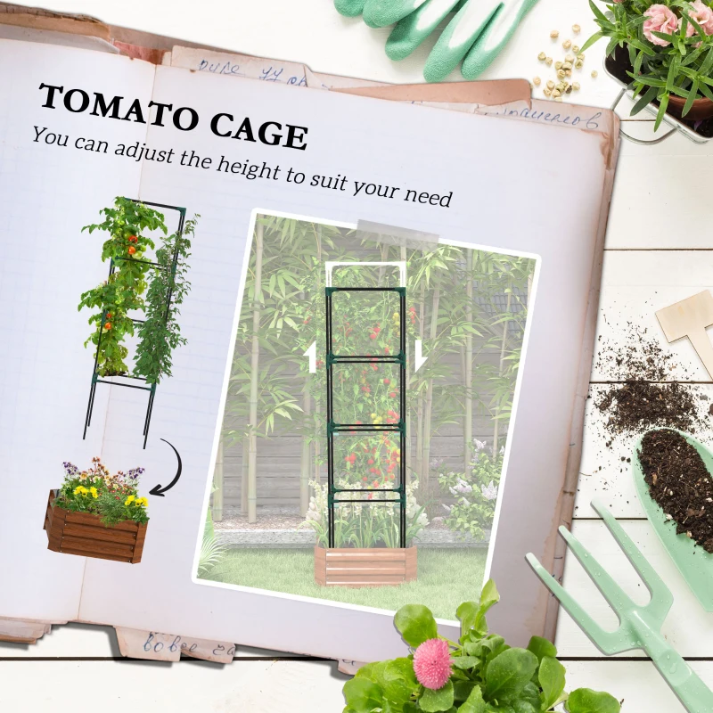 Outsunny Galvanized Planter Box, 24" x 24" x 73.5" Raised Garden Bed with Tomato Cage for Climbing Vines, Brown
