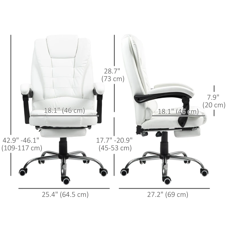 HOMCOM High Back Office Chair PU Leather Executive Office Chair with Retractable Footrest Padded Armrest White