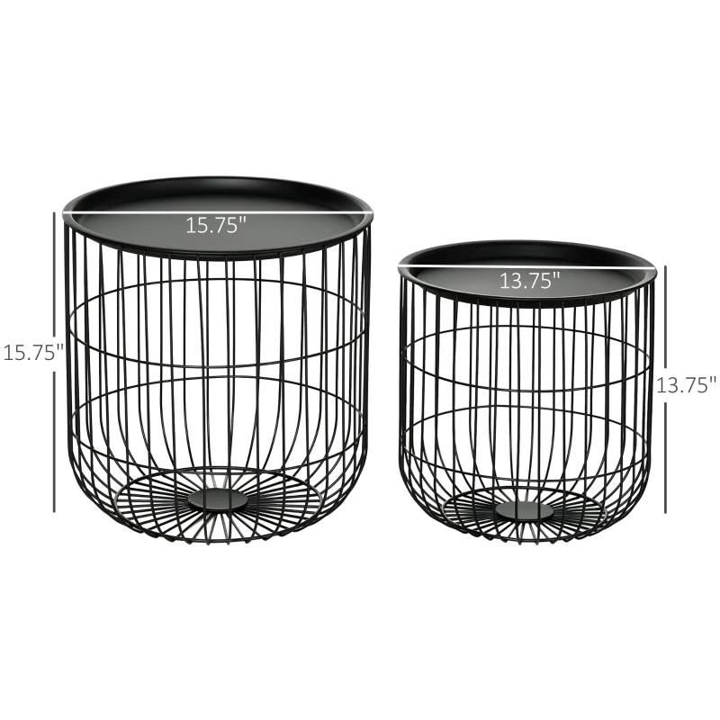 HOMCOM Coffee Table Set, Nest of Coffee Tables with Steel Wired Basket Body and Removable Top for Living Room, Black
