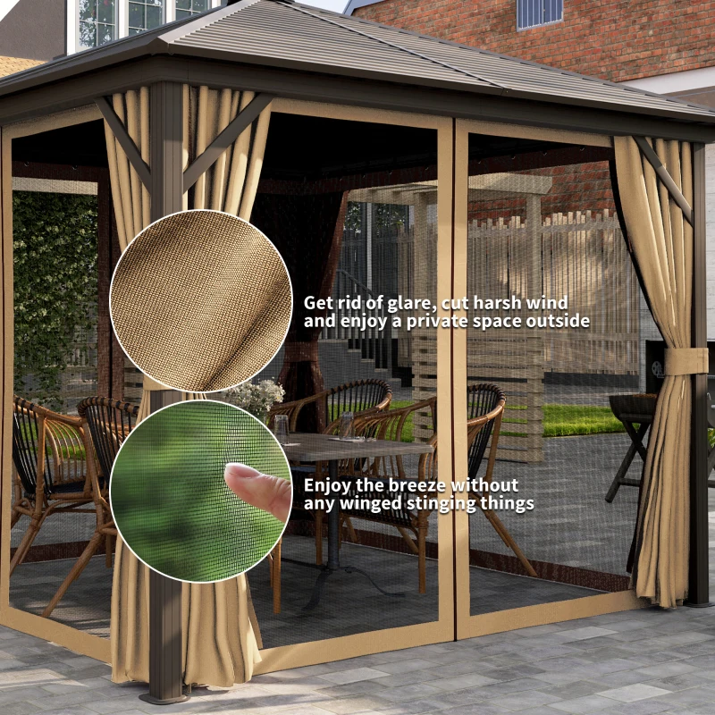 Outsunny 10' x 10' Hardtop Gazebo Outdoor Aluminum Gazebo Canopy with Mosquito Netting, Curtains, Hanging Hook, Brown