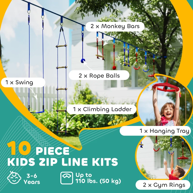 Qaba 32.8' Ninja Warrior Obstacle Course for Kids 3-6 Years, with Swing, Monkey Bars, Climbing Ladder, Gym Rings, Blue