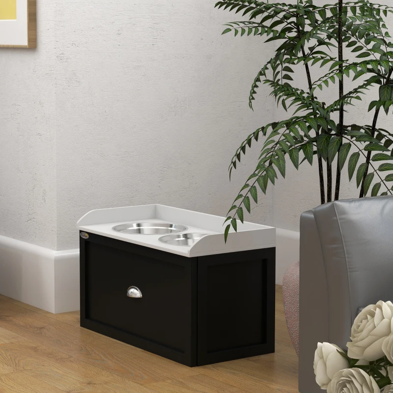 PawHut Pet Feeding Station Pet Dish Bowl Set with Storage, 2 Elevated Dog Bowls for Large Sized Dogs, White and Black