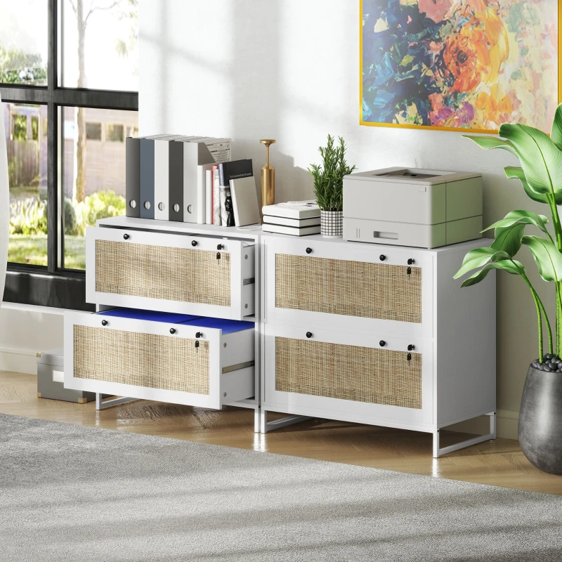 Vinsetto 2-Drawer Filing Cabinet with Lock, Rattan File Cabinet with Adjustable Hanging Bar, White