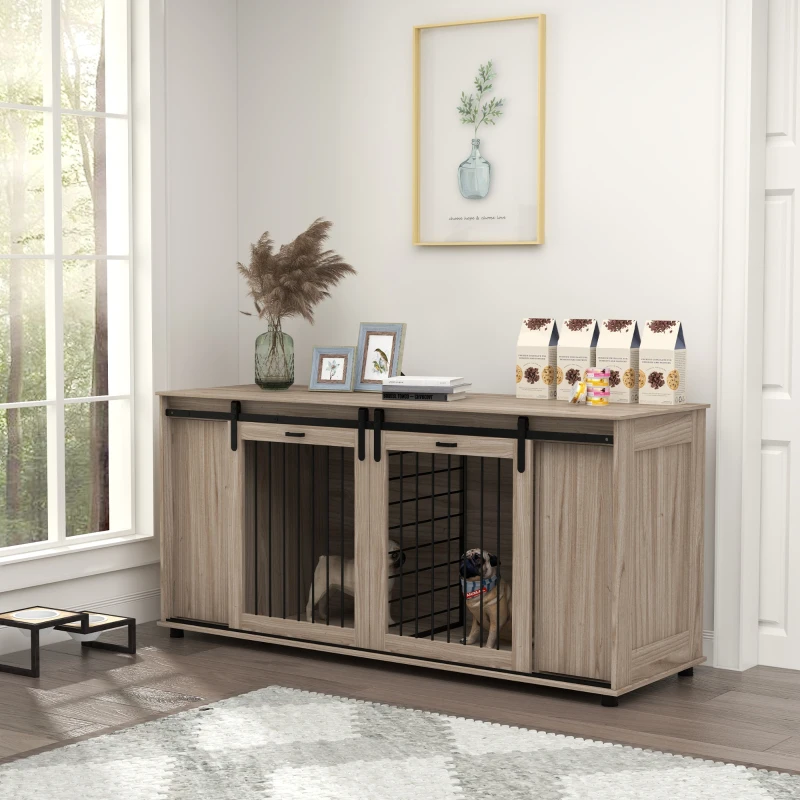 PawHut 71" Modern Dog Kennel Furniture with Removable Divider, Storage for 2 Small Dogs or 1 Large Dog, Walnut