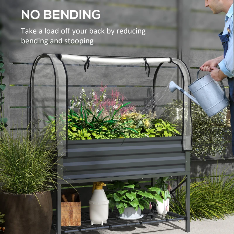 Outsunny Raised Garden Bed with Legs and Cover, Metal Elevated Planter Box with Bottom Shelf and Liner for Vegetables, Dark Gray