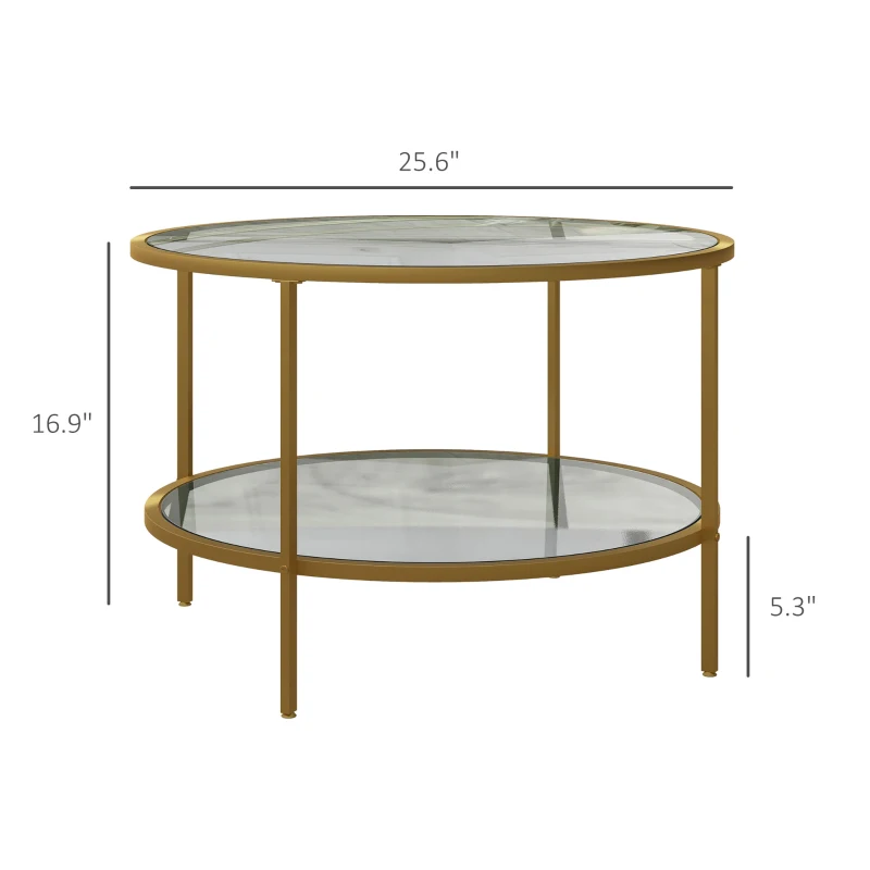 HOMCOM Side Table with Storage, 26" Round End Table, 2-Tier Tempered Glass Coffee Table with Steel Frame for Living Room, Gold