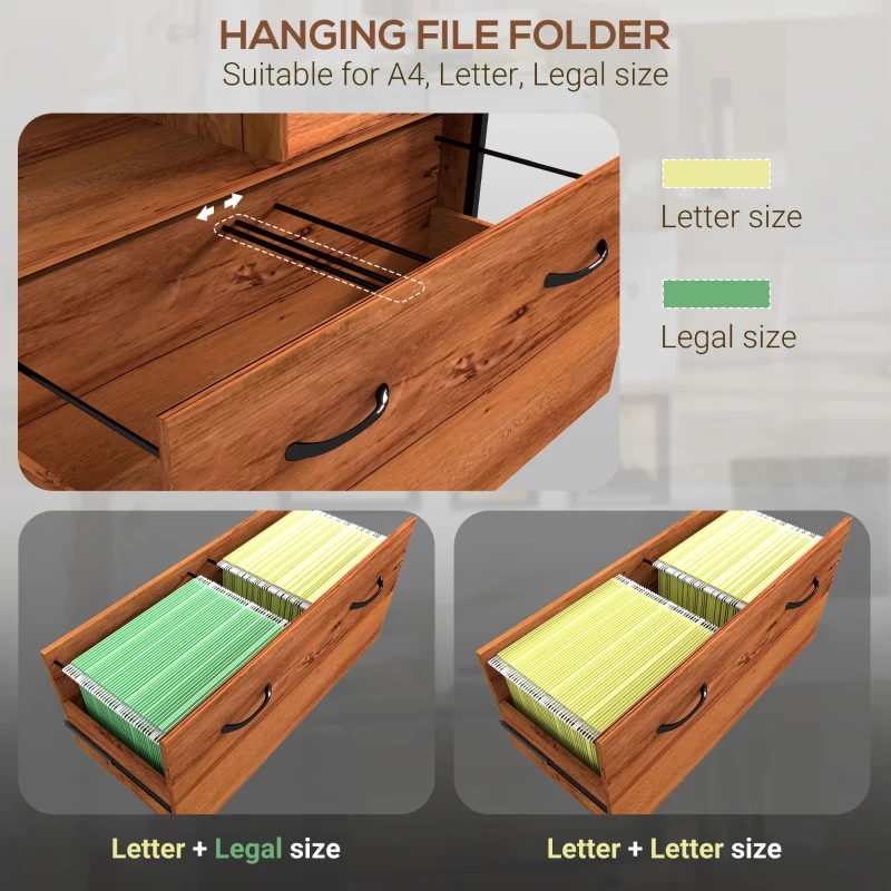 Vinsetto Vertical Filing Cabinet, File Cabinet with Hanging Bars for A4/Letter/Legal Size, Drawer, 2 Open Shelves and 8 Hooks, Industrial Printer Stand for Home Office, Rustic Brown