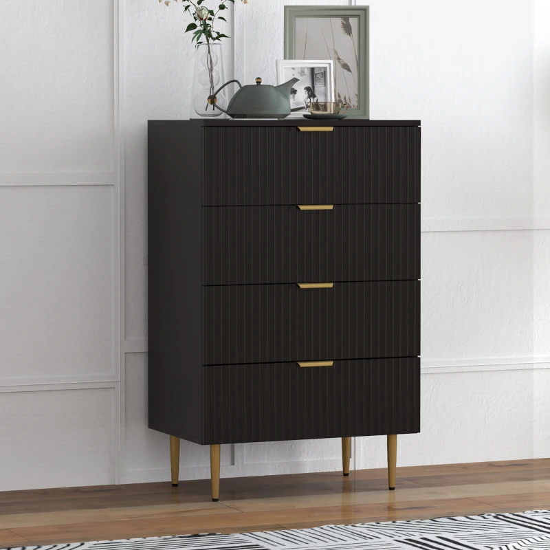 HOMCOM Modern Chest of Drawers 4 Drawer Dresser for Bedroom with Gold Legs and Handles, Black