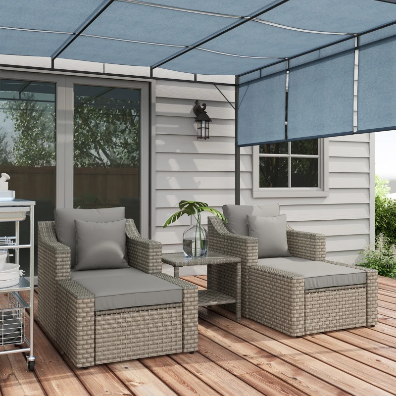 Outsunny 5pc Patio Furniture Set, All Weather PE Rattan Conversation Chair and Ottoman Set w/ Table, Cushion Pillows, Gray