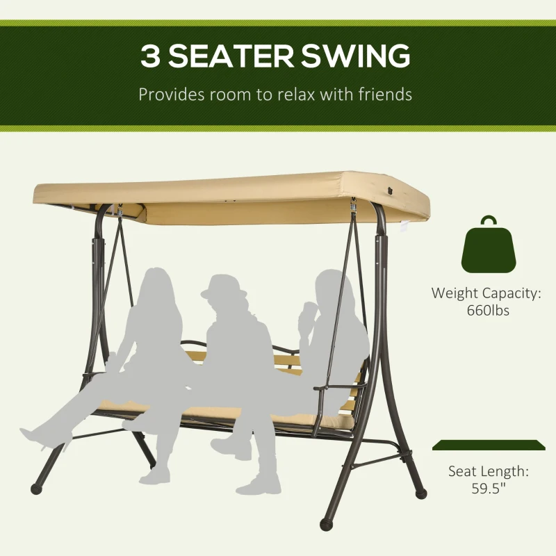 Outsunny 3-Seat Patio Swing Chair, Outdoor Canopy Swing Glider with Cushion, Adjustable Shade, and Slatted Design, for Porch