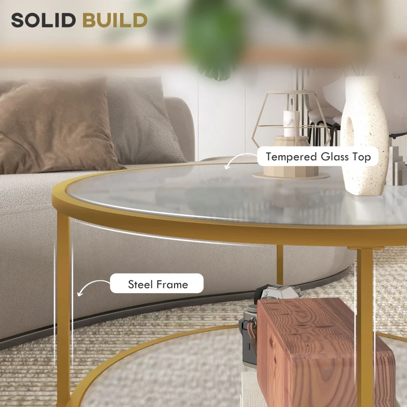 HOMCOM Side Table with Storage, 26" Round End Table, 2-Tier Tempered Glass Coffee Table with Steel Frame for Living Room, Gold