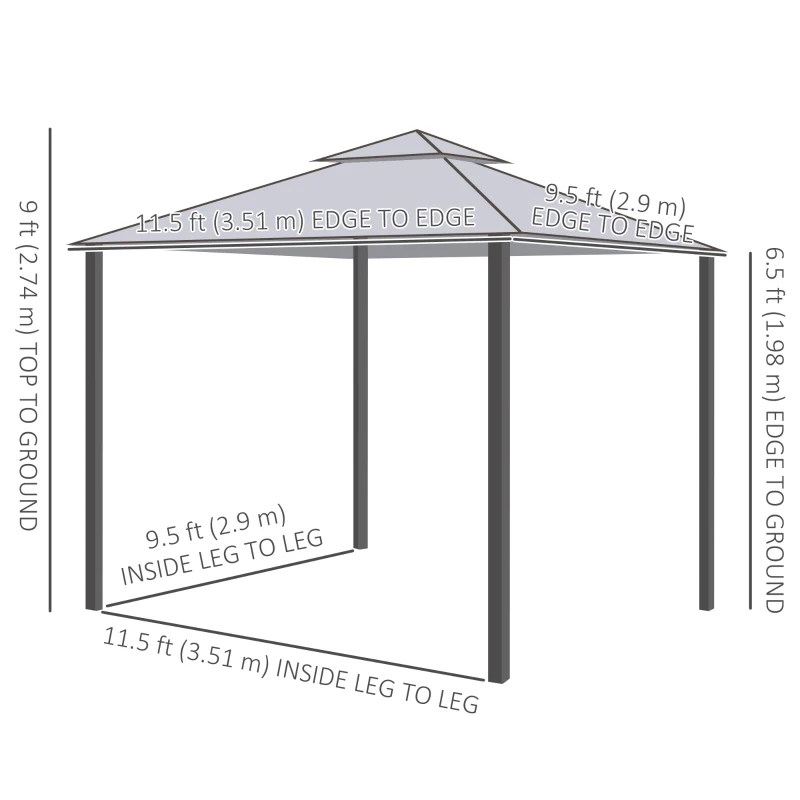 Outsunny 12' x 10' Patio Gazebo Outdoor Pavilion 2 Tire Roof Canopy Shelter Garden, Steel Frame w/ Mosquito Netting, Light Grey