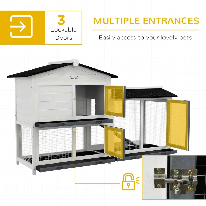 PawHut 62" Rabbit Hutch, Wooden Bunny Hutch, Guinea Pig Cage, Small Animal Enclosure with Run Area, Removable Tray, Asphalt Roof, Lockable Doors and Ramp, for Rabbits, Chickens, Ducks, White