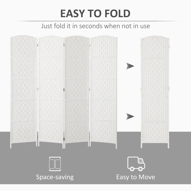HOMCOM Room Divider, 4 Panel Folding Privacy Screen, 6FT Tall Portable Weave Partition Wall Divider for Bedroom, White