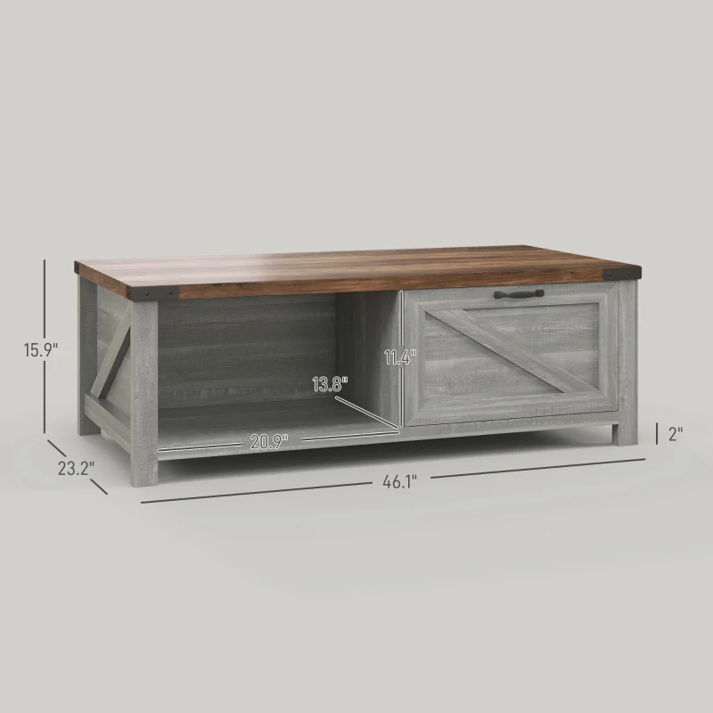HOMCOM Coffee Table with Storage, Farmhouse Living Room Table with Storage Drawer and Open Shelf, Distressed Gray