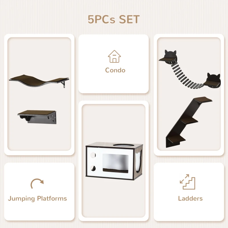 PawHut 5PCs Cat Wall Shelves Pet Wall-mounted Climbing Shelf Set with Cushion Condo Jumping Platform Ladder Brown
