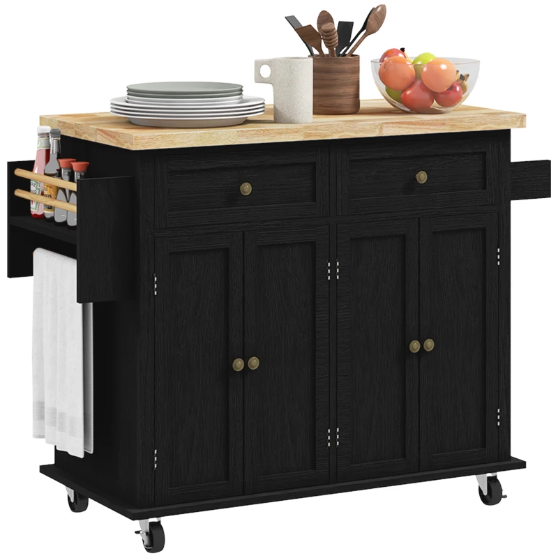 HOMCOM Modern Rolling Kitchen Island Cart with Spice Rack, Distressed Black
